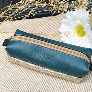 Trousse cuir bleue canard et simili cuir caviar dore