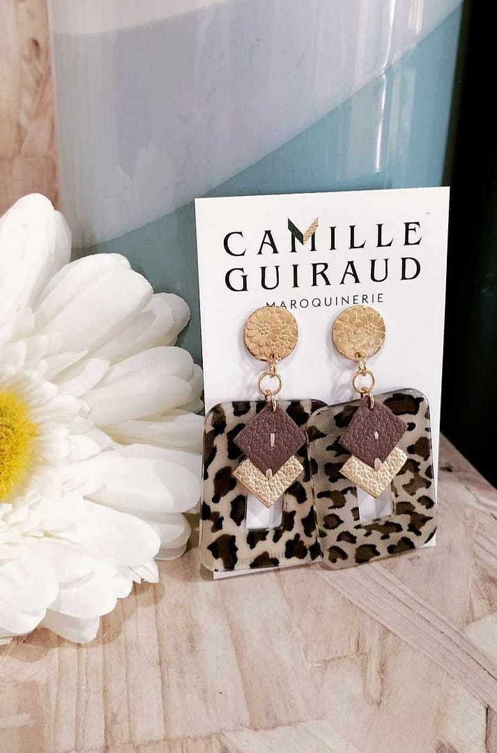 Boucles d'oreilles guépard doré rectangle